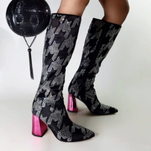 new BETSEY JOHNSON Naomy Sequin Houndstooth Knee High Boots 2510 5T3 - Picture 1 of 12